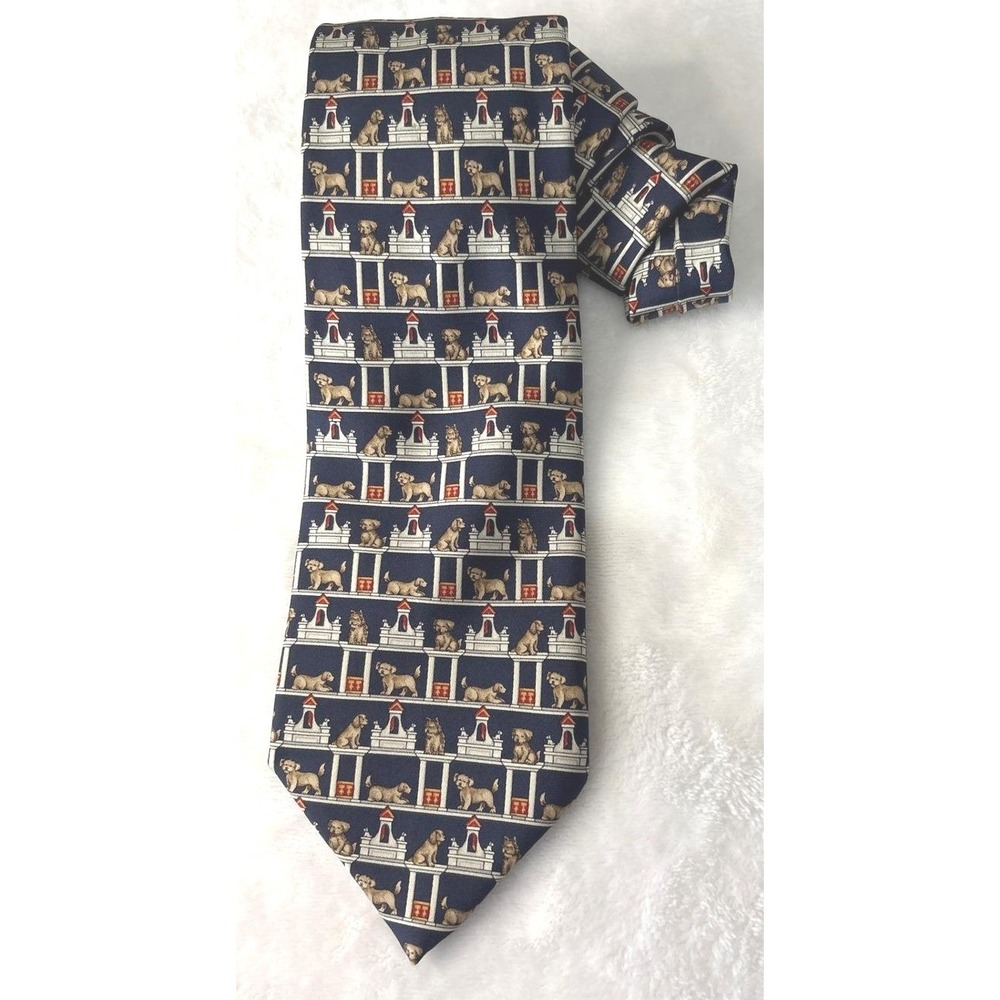 VTG Wathne Mens Navy Blue Silk Dog Kennel Animal Print Classic Necktie USA Made
